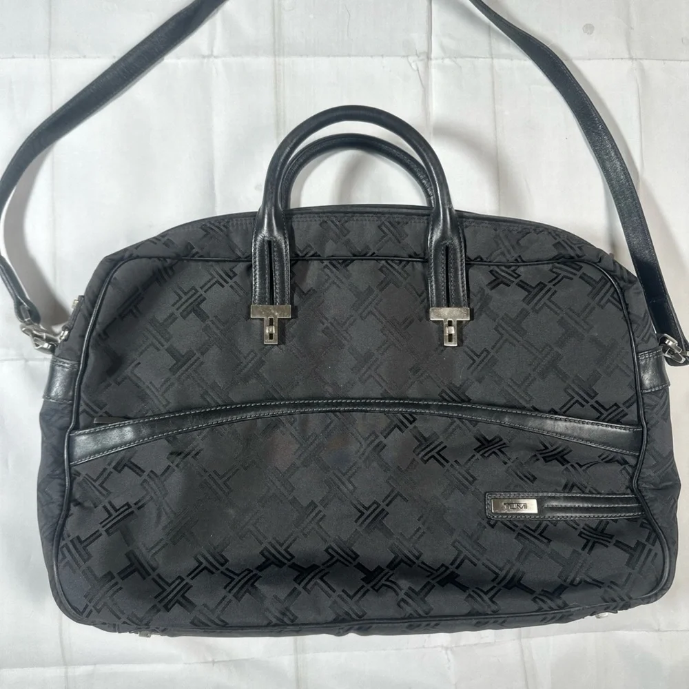 Tumi Black Monogram Laptop Briefcase With Leather Handles And Strap